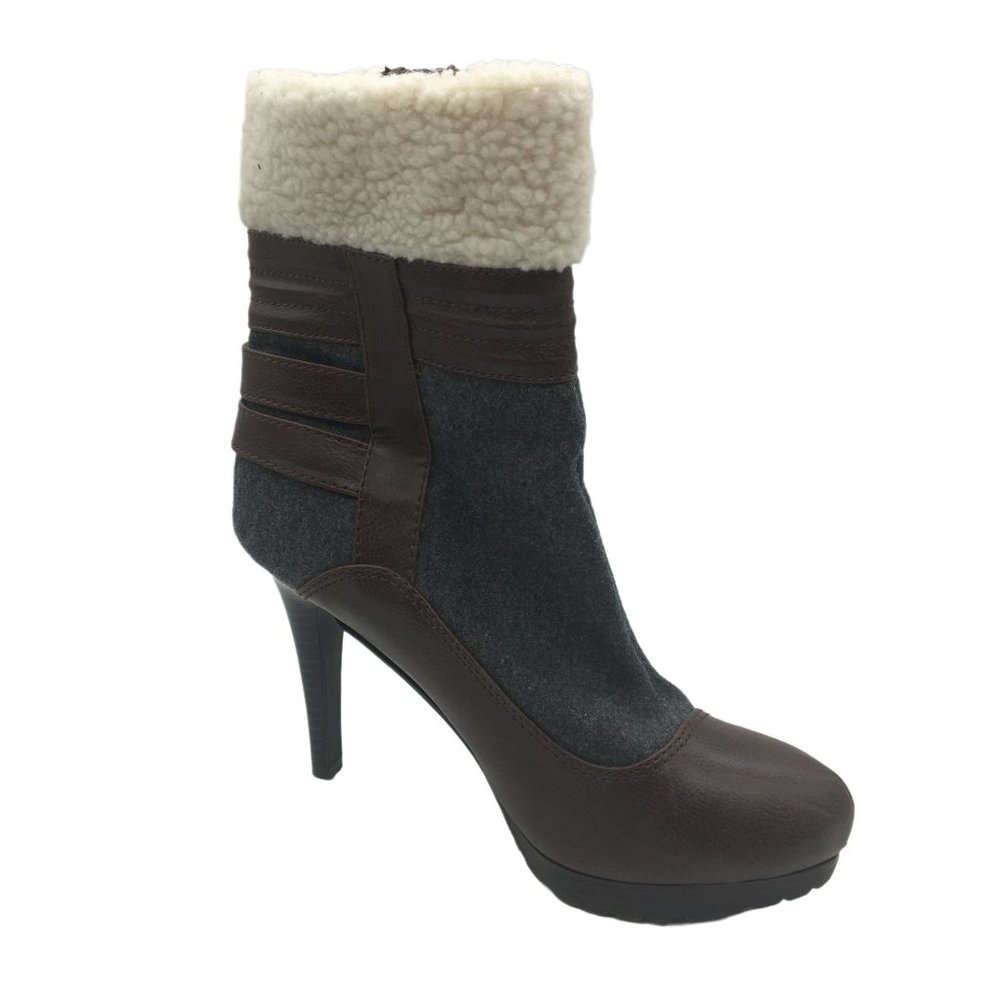 Elle Boots Eldrewgrey  Womens Size 8.5 Faux Sherpa Wool Gray Brown Heel 4.5" NEW
